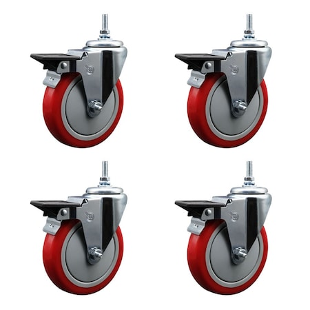 Service Caster 5 Inch Red Polyurethane 12 MM Threaded Stem Caster Set with Brake SCC-TS20S514-PPUB-RED-PLB-M1215-4